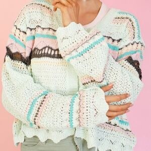 POL Aqua/Mint 1-Button Crochet Cardi w/Stripe, NWOT, S(Ovrszd), Lt-Wt & Gorgeous